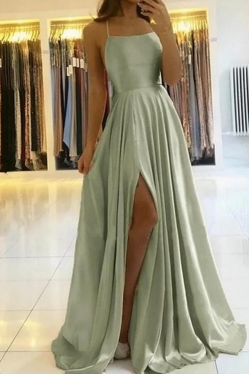 Simple A Line Sage Green Long Prom Dress With Slit Evening Party Dress HZ1023